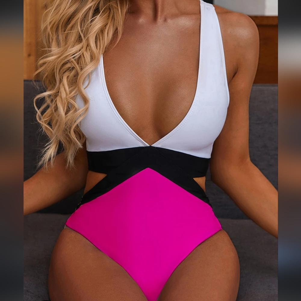 Black White Hot Pink One Piece Swimsuit SheIn